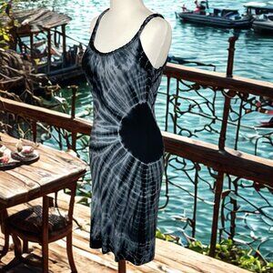 Tie-Dye Dress Black, Gray & White Strappy Midi Fringe Festival Dress